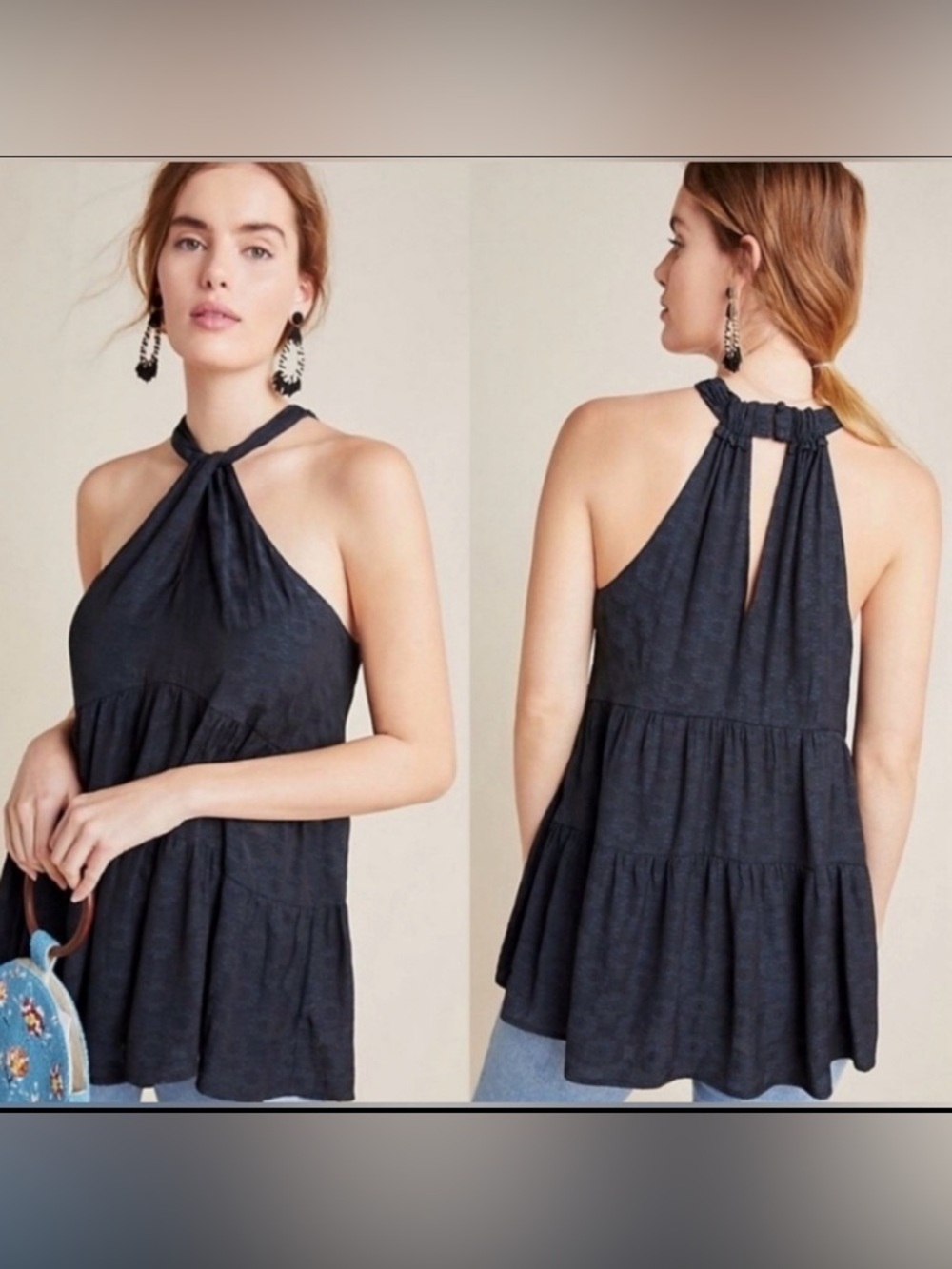 Anthropologie Womens Lavinia High Neck Black Tiered Halter Blouse Size Small